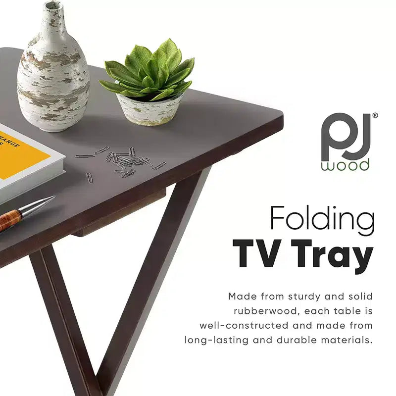 PJ Wood Tables pliantes rectangulaires légères en bois massif pour intérieur, plateau de télévision, lot de 5 avec support de rangement compact, finition expresso