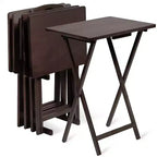PJ Wood Tables pliantes rectangulaires légères en bois massif pour intérieur, plateau de télévision, lot de 5 avec support de rangement compact, finition expresso