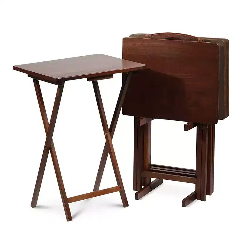 PJ Wood Tables pliantes rectangulaires légères en bois massif pour intérieur, plateau de télévision, lot de 5 avec support de rangement compact, finition expresso