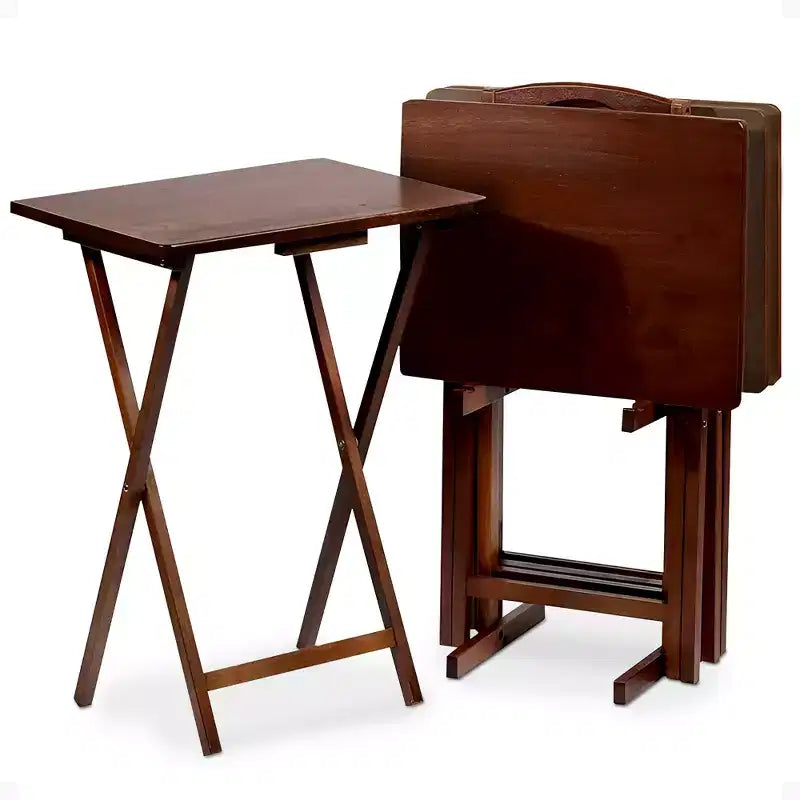 PJ Wood Tables pliantes rectangulaires légères en bois massif pour intérieur, plateau de télévision, lot de 5 avec support de rangement compact, finition expresso