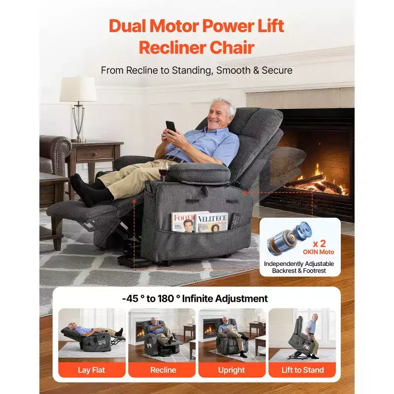 Fauteuil inclinable électrique VEVOR, double moteur, grand fauteuil releveur électrique avec chauffage et massage pour personnes âgées, réglage de position infinie, gris foncé