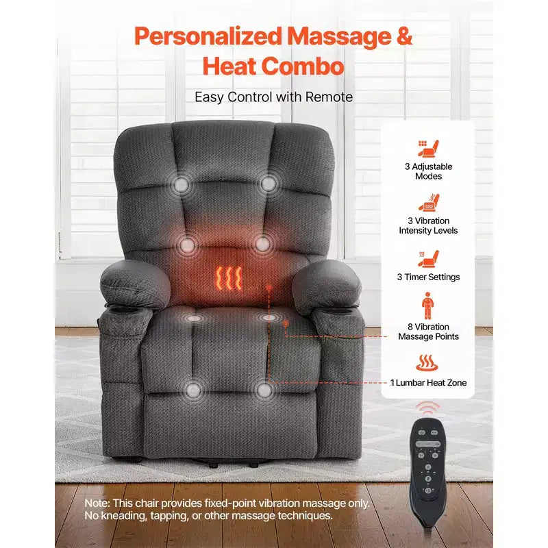 Fauteuil inclinable électrique VEVOR, double moteur, grand fauteuil releveur électrique avec chauffage et massage pour personnes âgées, réglage de position infinie, gris foncé