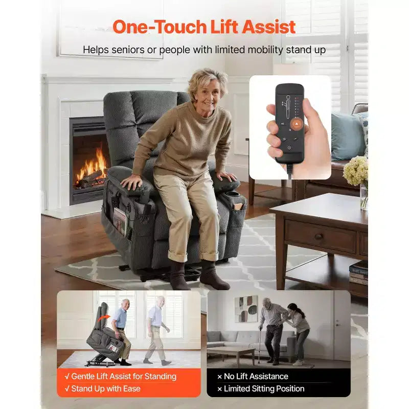 Fauteuil inclinable électrique VEVOR, double moteur, grand fauteuil releveur électrique avec chauffage et massage pour personnes âgées, réglage de position infinie, gris foncé