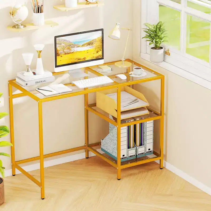 Bureau d'ordinateur Costway avec étagères, bureau de 42 pouces avec cadre en métal pour salon Noir/Or