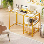 Bureau d'ordinateur Costway avec étagères, bureau de 42 pouces avec cadre en métal pour salon Noir/Or