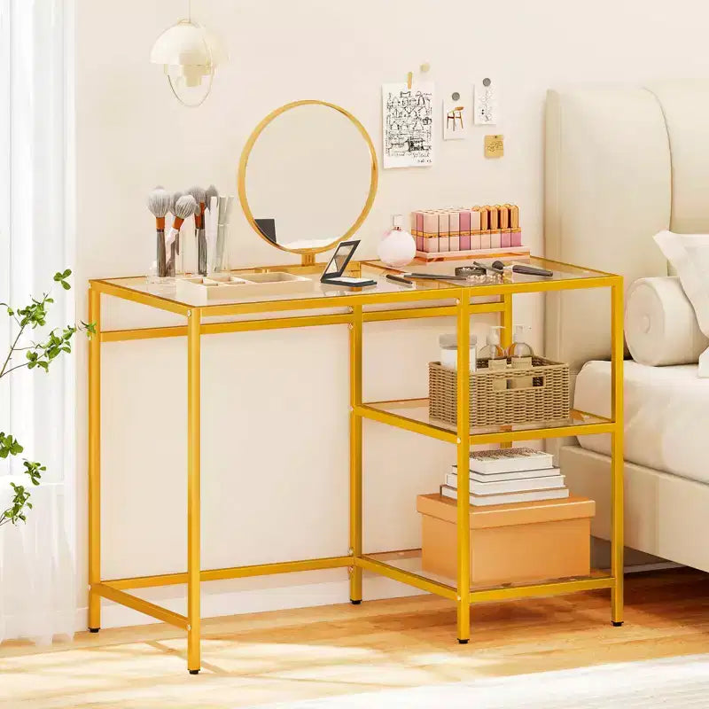 Bureau d'ordinateur Costway avec étagères, bureau de 42 pouces avec cadre en métal pour salon Noir/Or