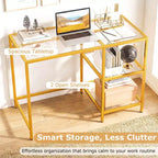 Bureau d'ordinateur Costway avec étagères, bureau de 42 pouces avec cadre en métal pour salon Noir/Or