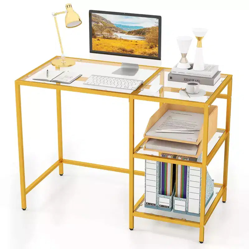 Bureau d'ordinateur Costway avec étagères, bureau de 42 pouces avec cadre en métal pour salon Noir/Or