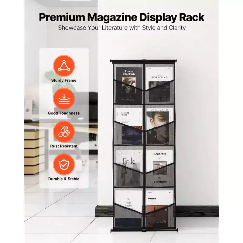 VEVOR Présentoir de brochures, présentoir de littérature en maille à 4 niveaux et 8 poches, porte-magazines et journaux sur pied, léger, noir