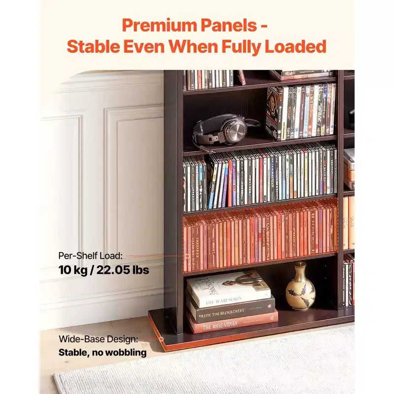 Meuble de rangement multimédia VEVOR, Étagère à DVD 8 niveaux, Organisateur de rangement multimédia de 142 x 22 x 130 cm pour CD, DVD, livres et jeux, Marron