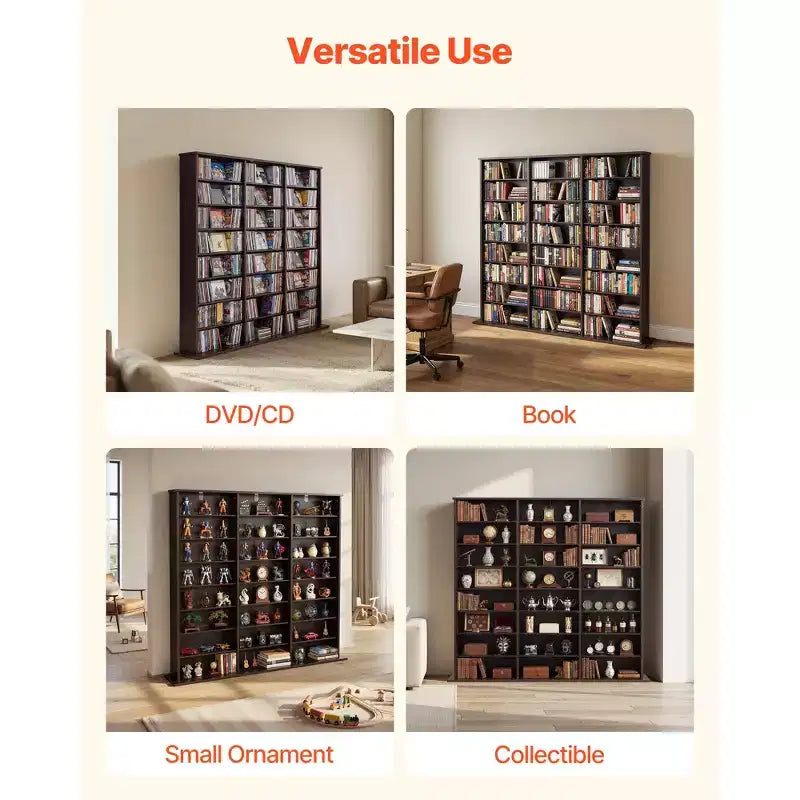 Meuble de rangement multimédia VEVOR, Étagère à DVD 8 niveaux, Organisateur de rangement multimédia de 142 x 22 x 130 cm pour CD, DVD, livres et jeux, Marron