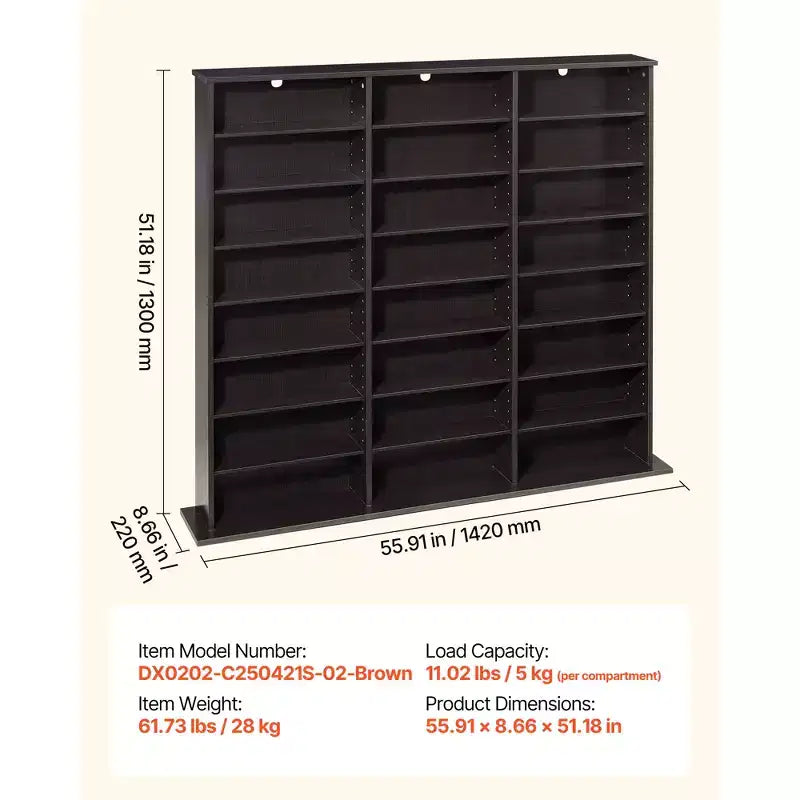 Meuble de rangement multimédia VEVOR, Étagère à DVD 8 niveaux, Organisateur de rangement multimédia de 142 x 22 x 130 cm pour CD, DVD, livres et jeux, Marron