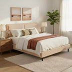 Camel Plush Upholstered Bed Frame with Soft Dual-Zone Backrest, Rounded Edges and Quiet Stable Support for Cozy Bedrooms, Queen