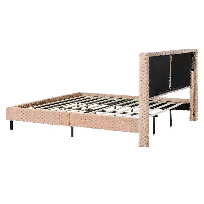 Lit capitonné en peluche couleur camel avec dossier doux à double zone, bords arrondis et support stable et silencieux pour chambres douillettes, Queen Size