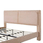 Lit capitonné en peluche couleur camel avec dossier doux à double zone, bords arrondis et support stable et silencieux pour chambres douillettes, Queen Size