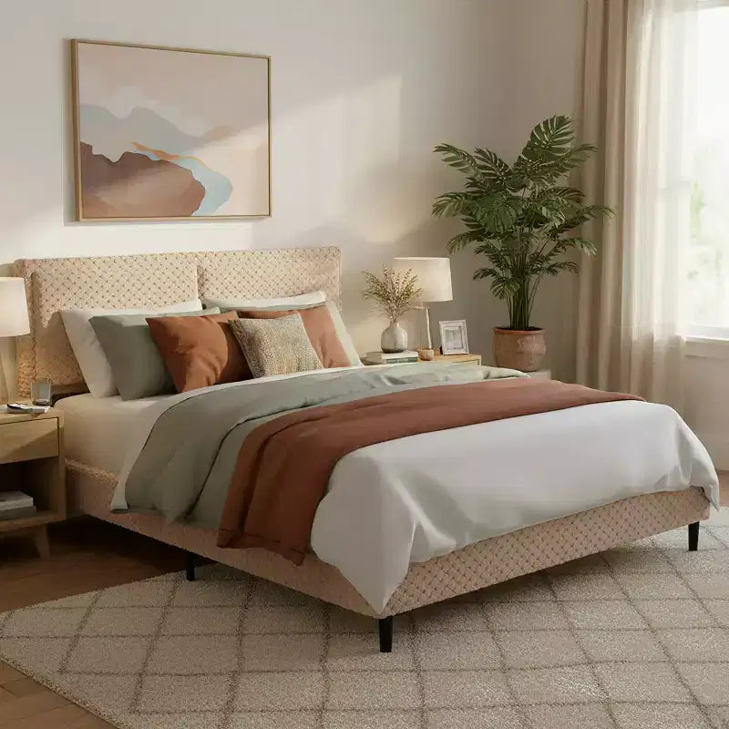 Lit capitonné en peluche couleur camel avec dossier doux à double zone, bords arrondis et support stable et silencieux pour chambres douillettes, Queen Size