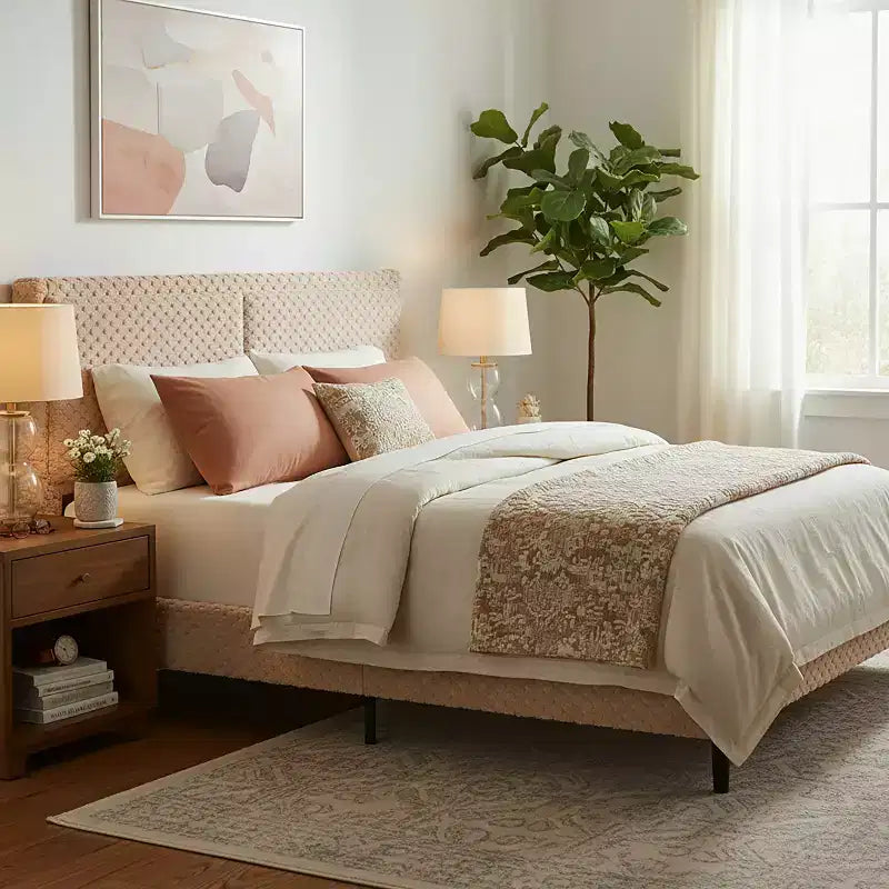 Lit capitonné en peluche couleur camel avec dossier doux à double zone, bords arrondis et support stable et silencieux pour chambres douillettes, Queen Size
