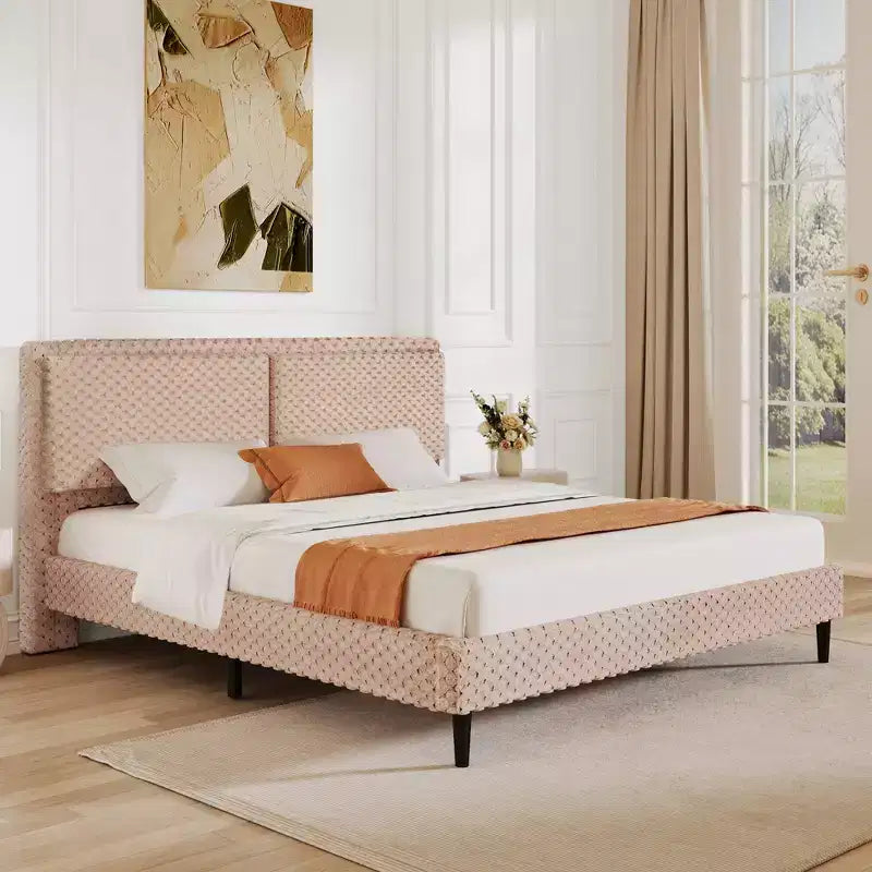 Lit capitonné en peluche couleur camel avec dossier doux à double zone, bords arrondis et support stable et silencieux pour chambres douillettes, Queen Size