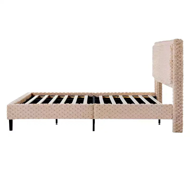 Lit capitonné en peluche couleur camel avec dossier doux à double zone, bords arrondis et support stable et silencieux pour chambres douillettes, Queen Size