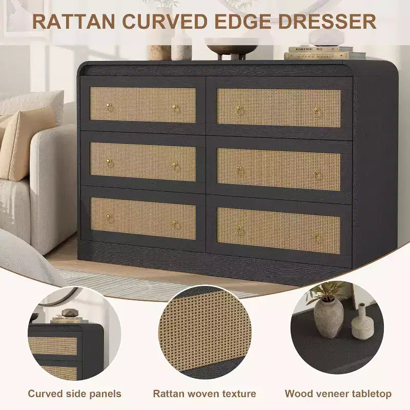 Commode en rotin de 117 cm de large, commode à 6 tiroirs, commode moderne, pour chambre à coucher, salon