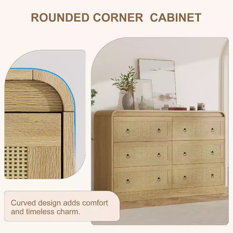 Commode en rotin de 117 cm de large, commode à 6 tiroirs, commode moderne, pour chambre à coucher, salon