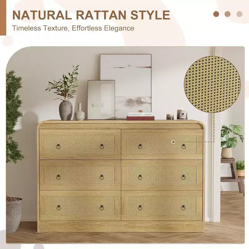 Commode en rotin de 117 cm de large, commode à 6 tiroirs, commode moderne, pour chambre à coucher, salon