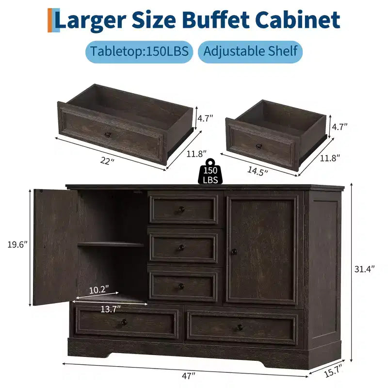 Buffet de ferme avec 5 tiroirs et 2 portes, meuble de bar à café en bois, étagères réglables, pour salle à manger, salon