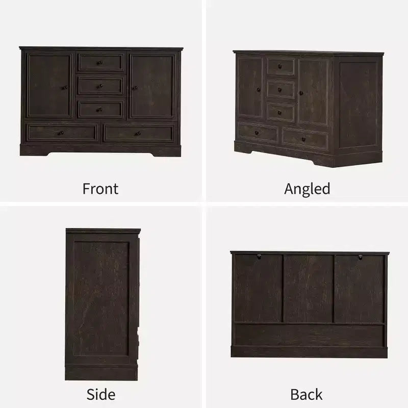 Buffet de ferme avec 5 tiroirs et 2 portes, meuble de bar à café en bois, étagères réglables, pour salle à manger, salon