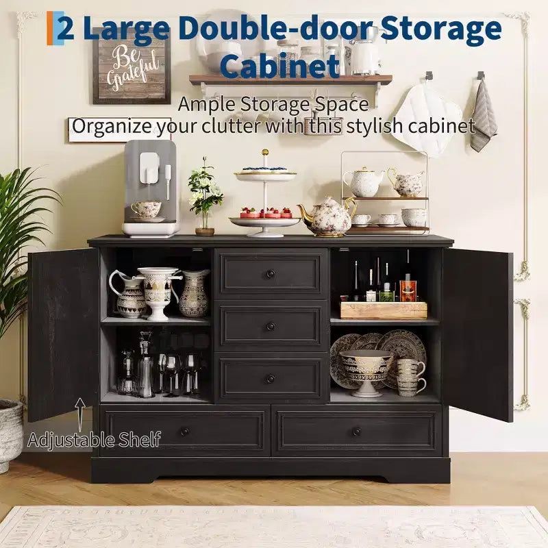 Buffet de ferme avec 5 tiroirs et 2 portes, meuble de bar à café en bois, étagères réglables, pour salle à manger, salon