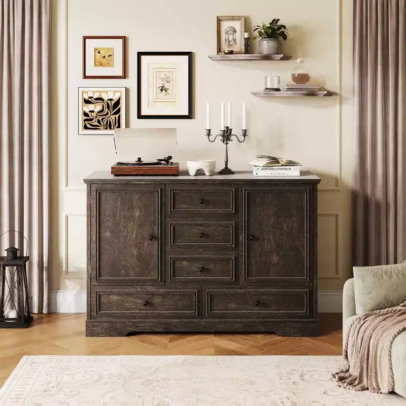 Buffet de ferme avec 5 tiroirs et 2 portes, meuble de bar à café en bois, étagères réglables, pour salle à manger, salon