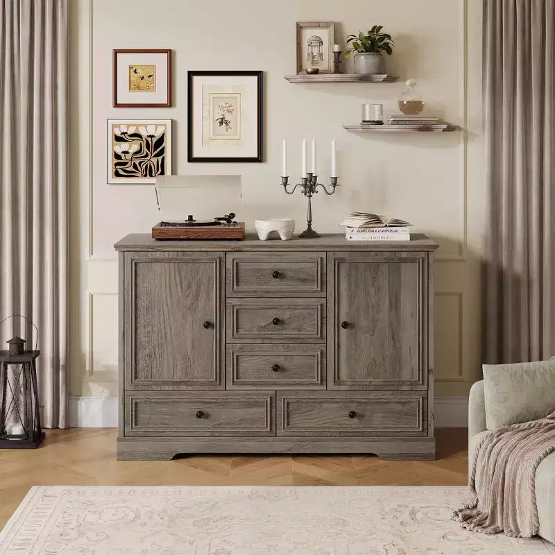 Buffet de ferme avec 5 tiroirs et 2 portes, meuble de bar à café en bois, étagères réglables, pour salle à manger, salon