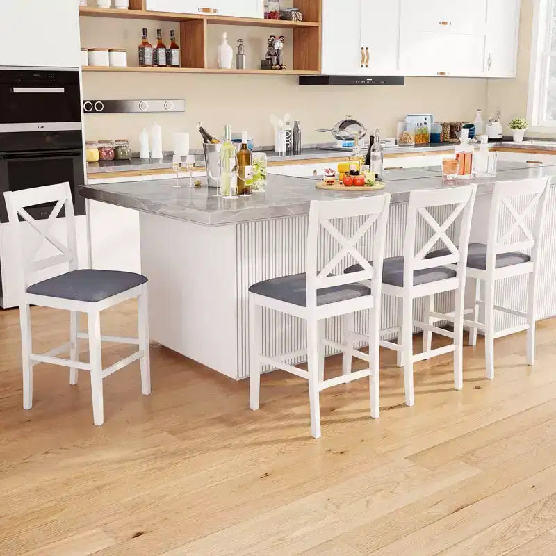 Lot de 2 tabourets de bar Costway en bois d'hévéa avec dossier en X, sièges rembourrés et repose-pieds (brun foncé et crème/blanc et gris)