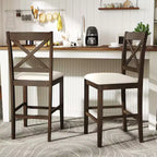 Lot de 2 tabourets de bar Costway en bois d'hévéa avec dossier en X, sièges rembourrés et repose-pieds (brun foncé et crème/blanc et gris)