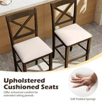 Lot de 2 tabourets de bar Costway en bois d'hévéa avec dossier en X, sièges rembourrés et repose-pieds (brun foncé et crème/blanc et gris)