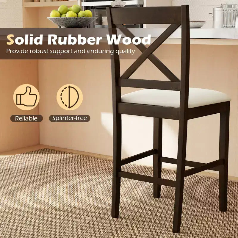 Lot de 2 tabourets de bar Costway en bois d'hévéa avec dossier en X, sièges rembourrés et repose-pieds (brun foncé et crème/blanc et gris)