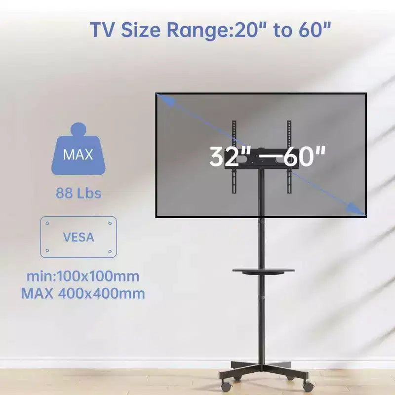 Chariot TV mobile PERLESMITH avec roulettes pour téléviseurs LCD/LED/OLED de 32 à 60 pouces, étagère réglable en hauteur, supporte jusqu'à 40 kg, VESA maximum 400 x 400 mm