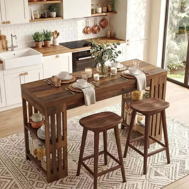 Table de bar Lantine, grande unité de bar en bois de 160 cm avec porte-bouteilles, table de pub avec étagères de rangement pour salle à manger, salon, cuisine, marron