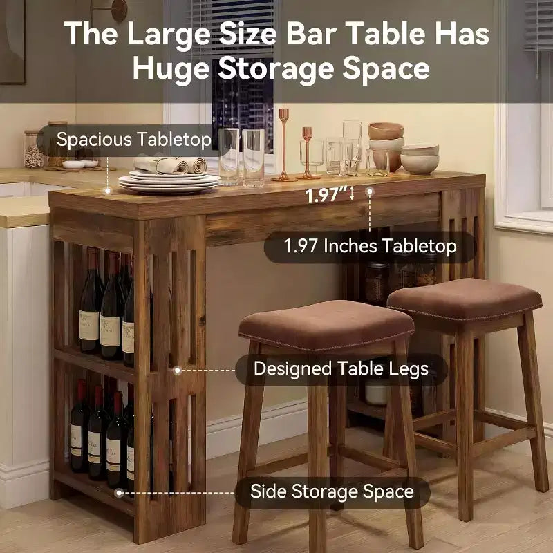 Table de bar Lantine, grande unité de bar en bois de 160 cm avec porte-bouteilles, table de pub avec étagères de rangement pour salle à manger, salon, cuisine, marron