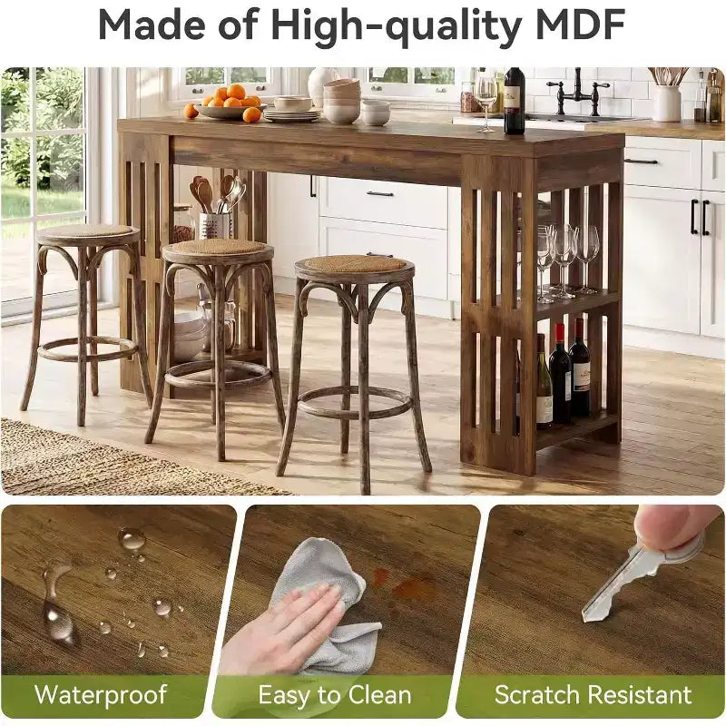 Table de bar Lantine, grande unité de bar en bois de 160 cm avec porte-bouteilles, table de pub avec étagères de rangement pour salle à manger, salon, cuisine, marron