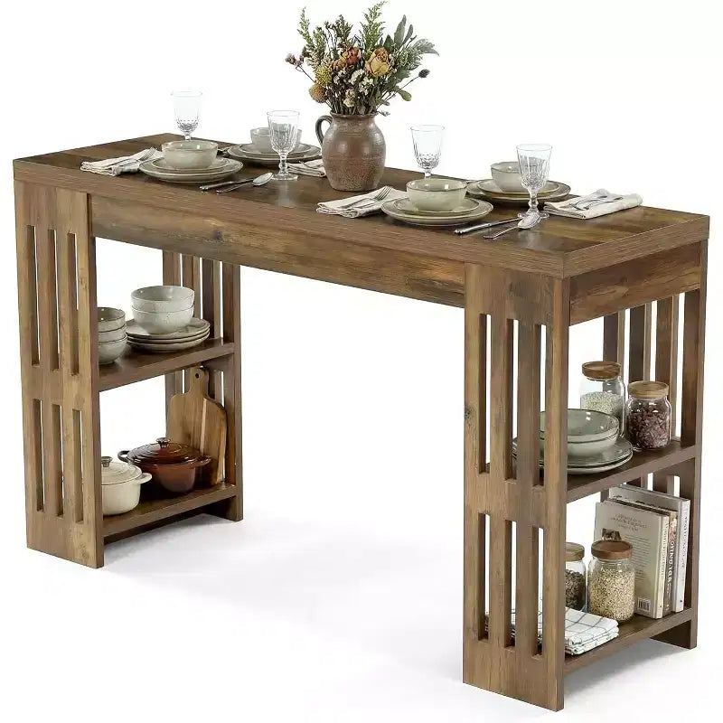 Table de bar Lantine, grande unité de bar en bois de 160 cm avec porte-bouteilles, table de pub avec étagères de rangement pour salle à manger, salon, cuisine, marron