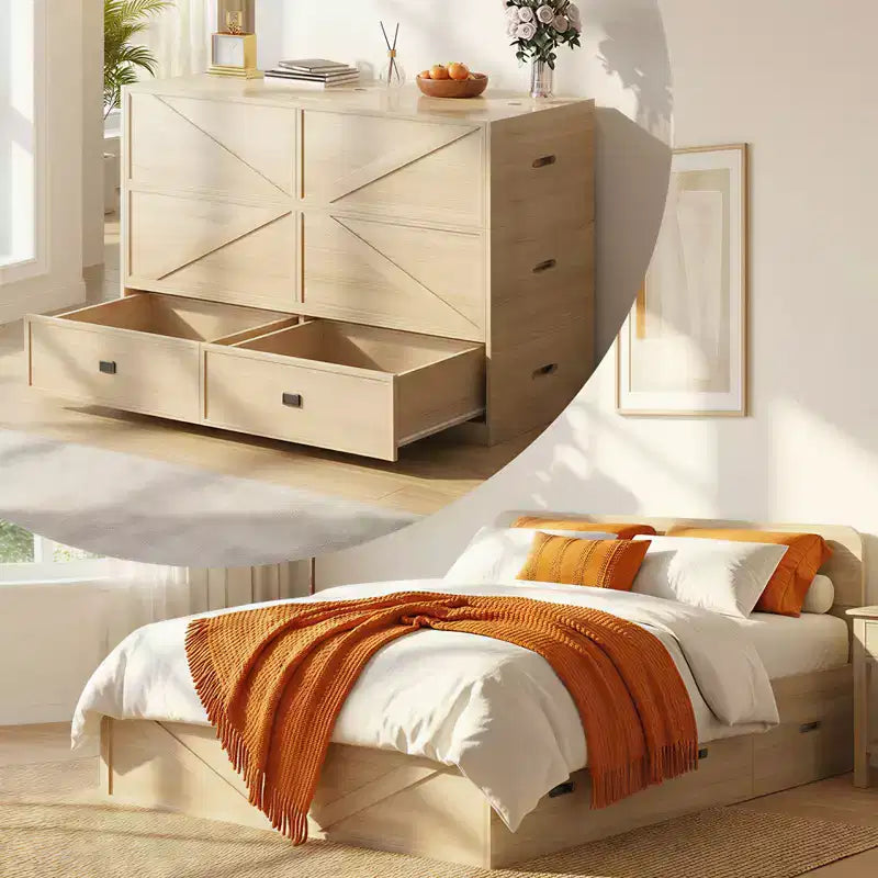 Mjkone Convertible Murphy Bed with Storage Drawers, Multi-Functional Guest Bed Sofa Set, Exclude mattress