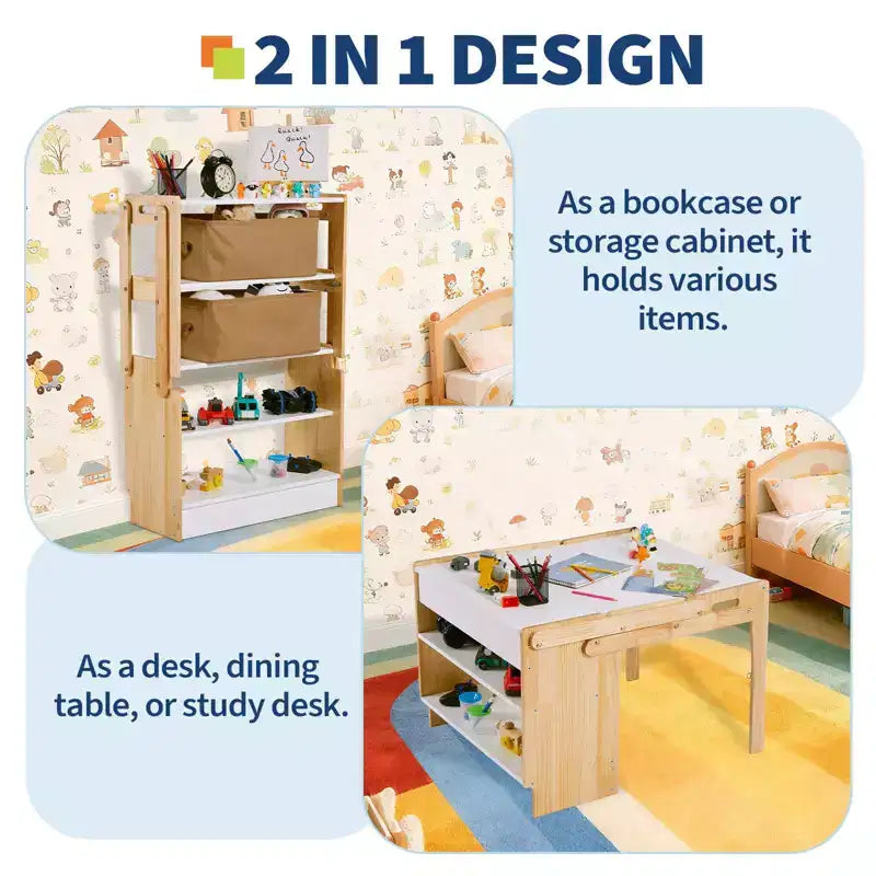 Table et chaise d'activités convertibles COZONY avec étagères de rangement, bureau artisanal pliant avec boîtes de rangement, bois blanc