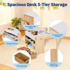 Table et chaise d'activités convertibles COZONY avec étagères de rangement, bureau artisanal pliant avec boîtes de rangement, bois blanc