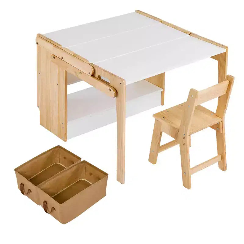 Table et chaise d'activités convertibles COZONY avec étagères de rangement, bureau artisanal pliant avec boîtes de rangement, bois blanc