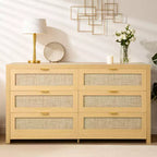 Commode en rotin à 6 tiroirs VEVOR, commode double pour chambre à coucher, commode en rotin naturel avec poignée en métal, couleur bois