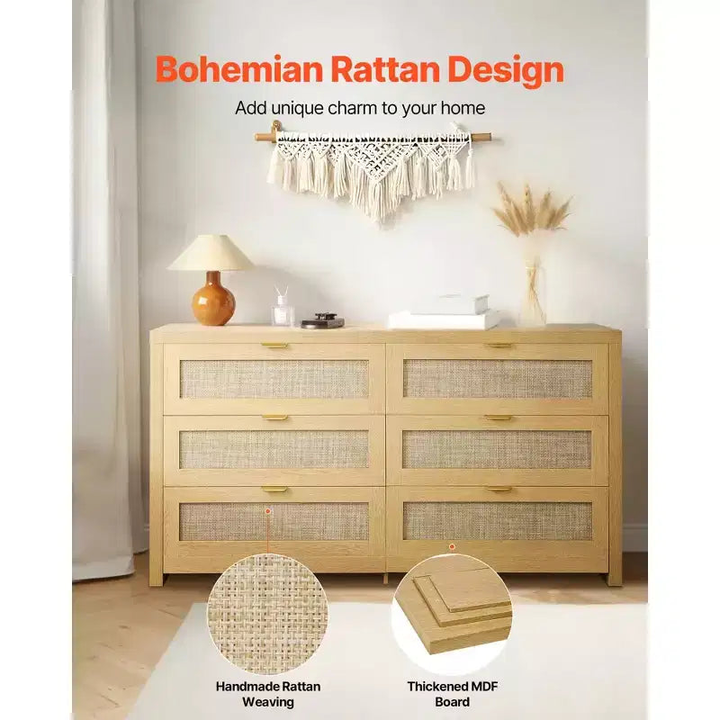 Commode en rotin à 6 tiroirs VEVOR, commode double pour chambre à coucher, commode en rotin naturel avec poignée en métal, couleur bois
