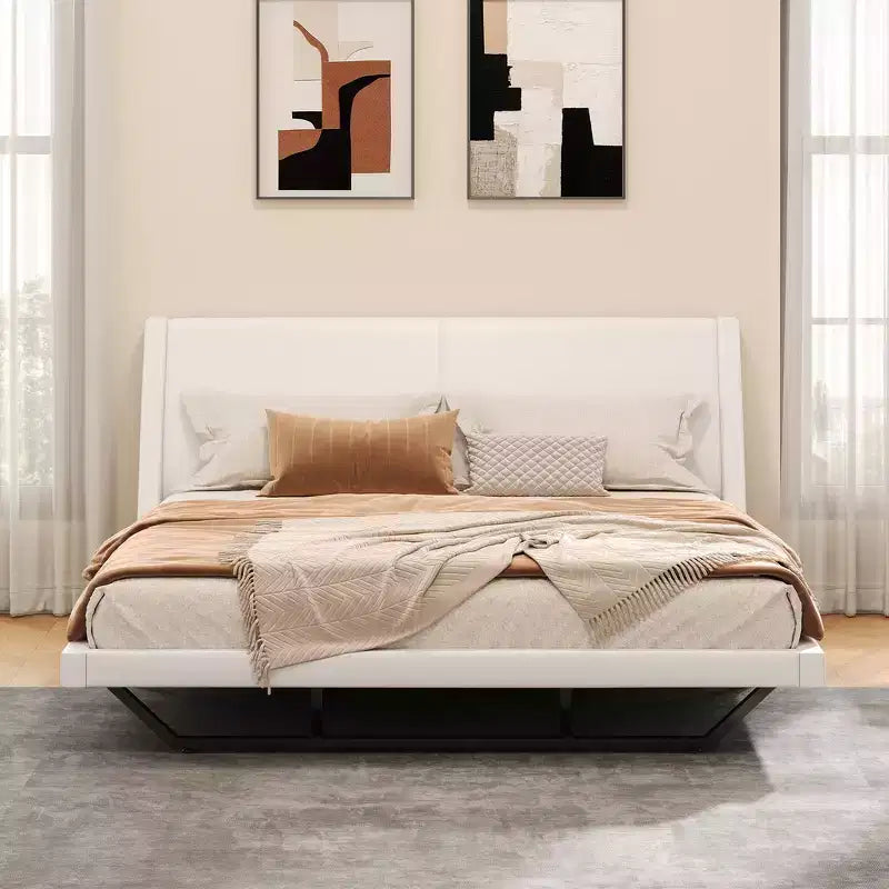 Cadre de lit plateforme moderne King Size Whisen, lit rembourré en cuir PU avec design incurvé, pieds trapézoïdaux suspendus