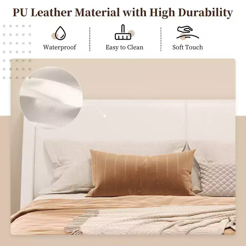 Cadre de lit plateforme moderne King Size Whisen, lit rembourré en cuir PU avec design incurvé, pieds trapézoïdaux suspendus