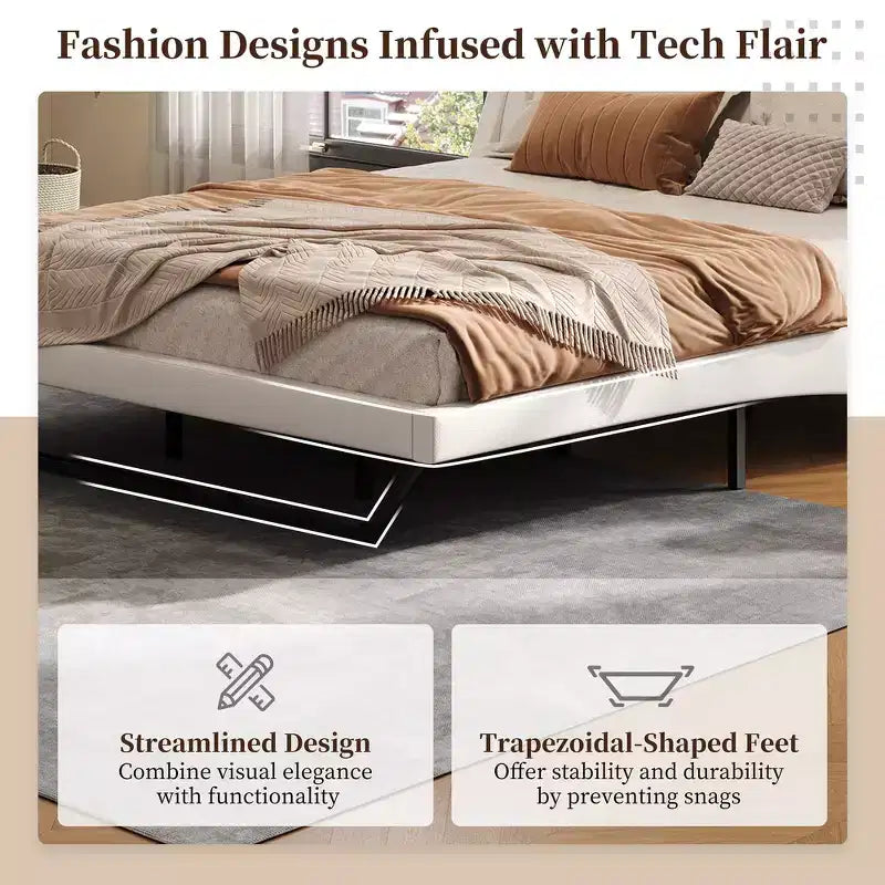 Cadre de lit plateforme moderne King Size Whisen, lit rembourré en cuir PU avec design incurvé, pieds trapézoïdaux suspendus