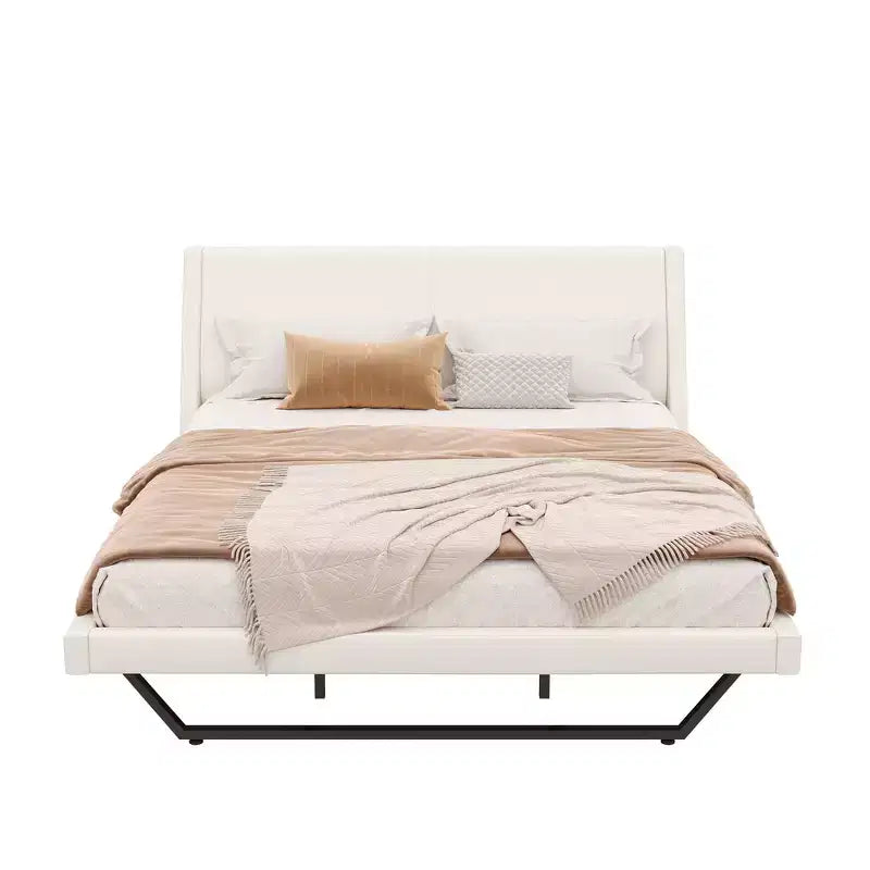 Cadre de lit plateforme moderne King Size Whisen, lit rembourré en cuir PU avec design incurvé, pieds trapézoïdaux suspendus